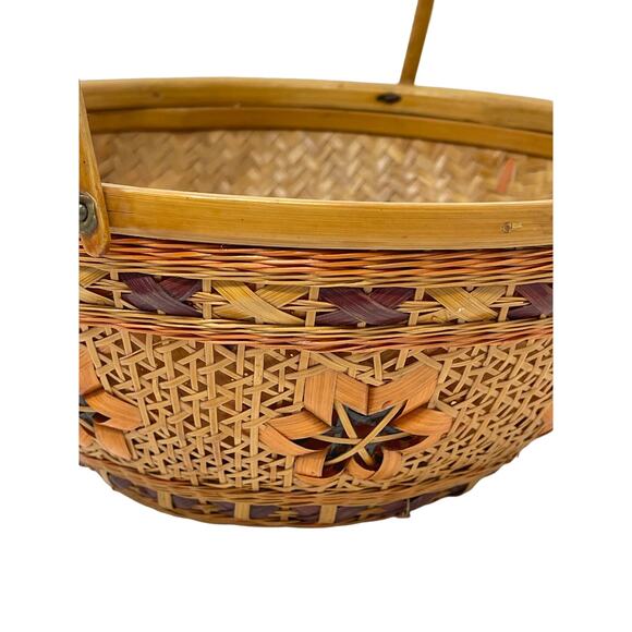 Vintage Asian Split Bamboo and Rattan Woven Boho Floral Double Handle Basket - Picture 2 of 6